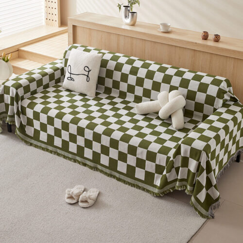 Color Block Checkerboard Fringe Trim Sofa Blanket 