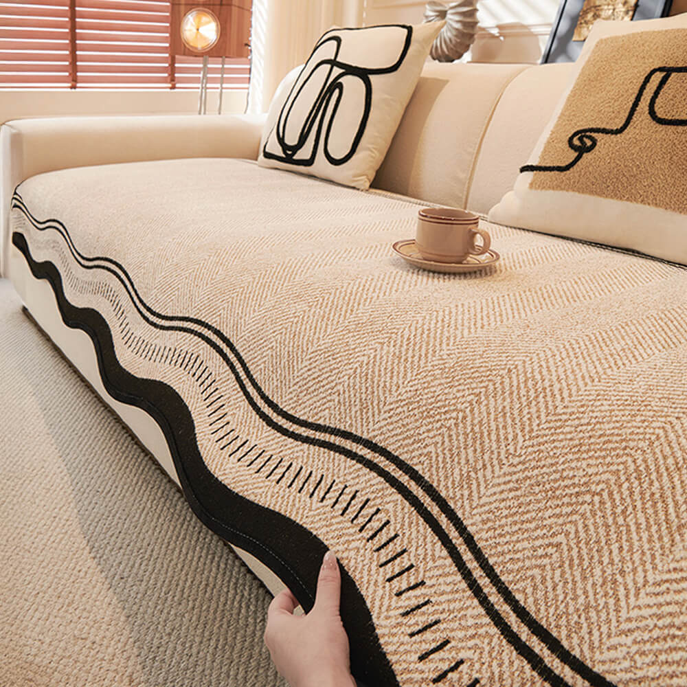 Non-Slip Herringbone Chenille Couch Cover with Wav