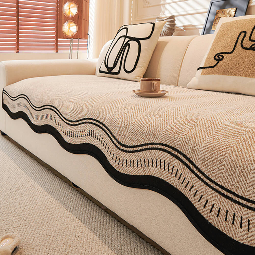 Non-Slip Herringbone Chenille Couch Cover with Wav