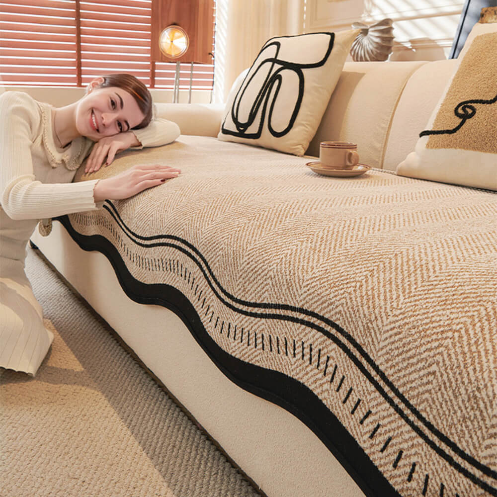 Non-Slip Herringbone Chenille Couch Cover with Wav