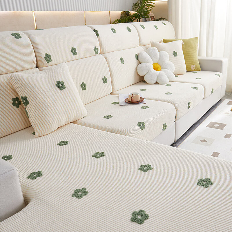Floral Embroidered Fleece Sofa Anti-Scratch Stretc