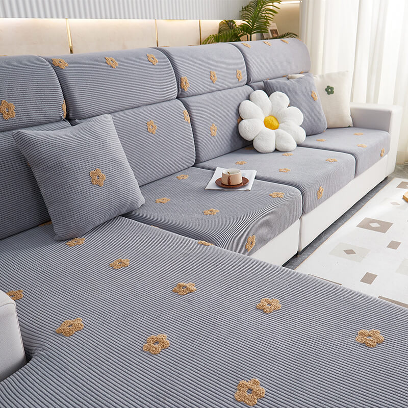 Floral Embroidered Fleece Sofa Anti-Scratch Stretc