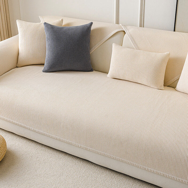 Modern Cream Vertical Stripes Fleece Couch Cover f
