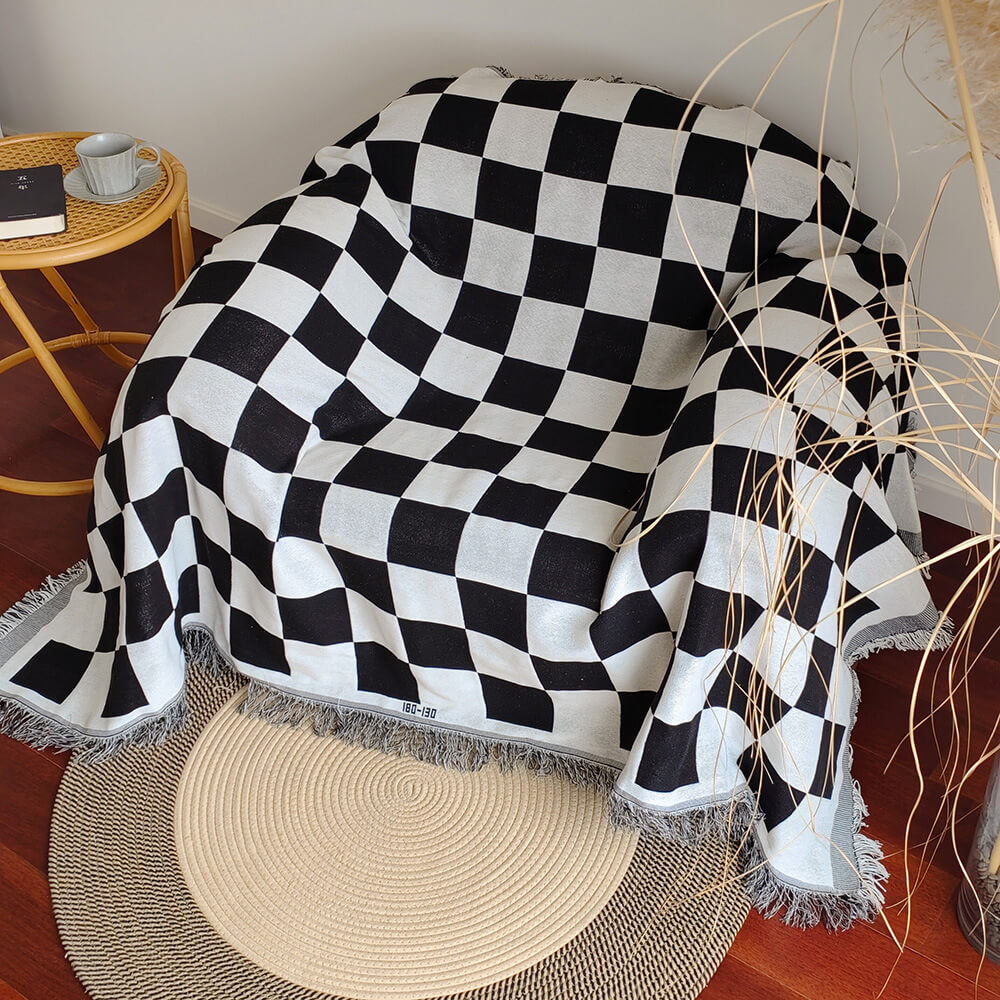 Color Block Checkerboard Fringe Trim Sofa Blanket