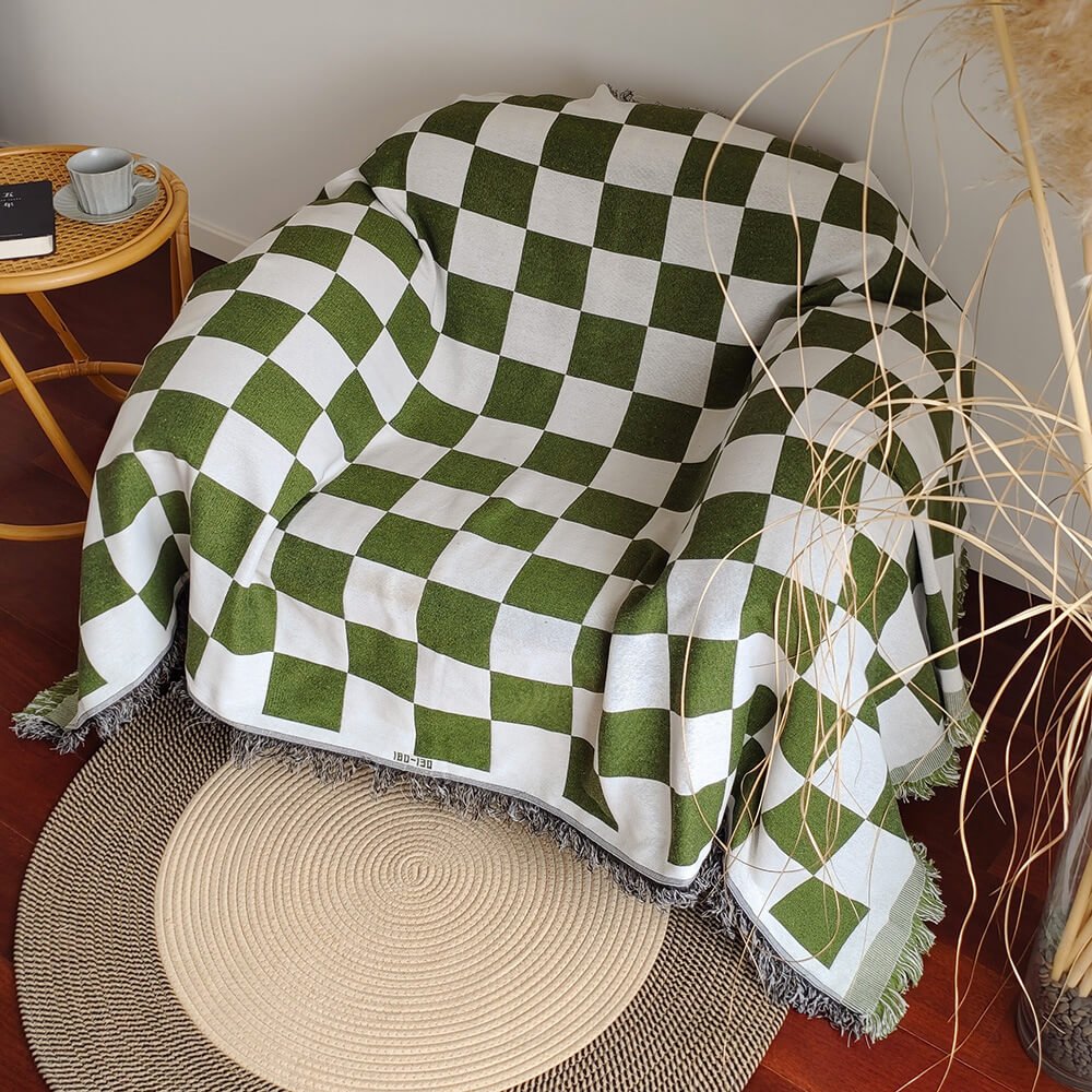 Color Block Checkerboard Fringe Trim Sofa Blanket