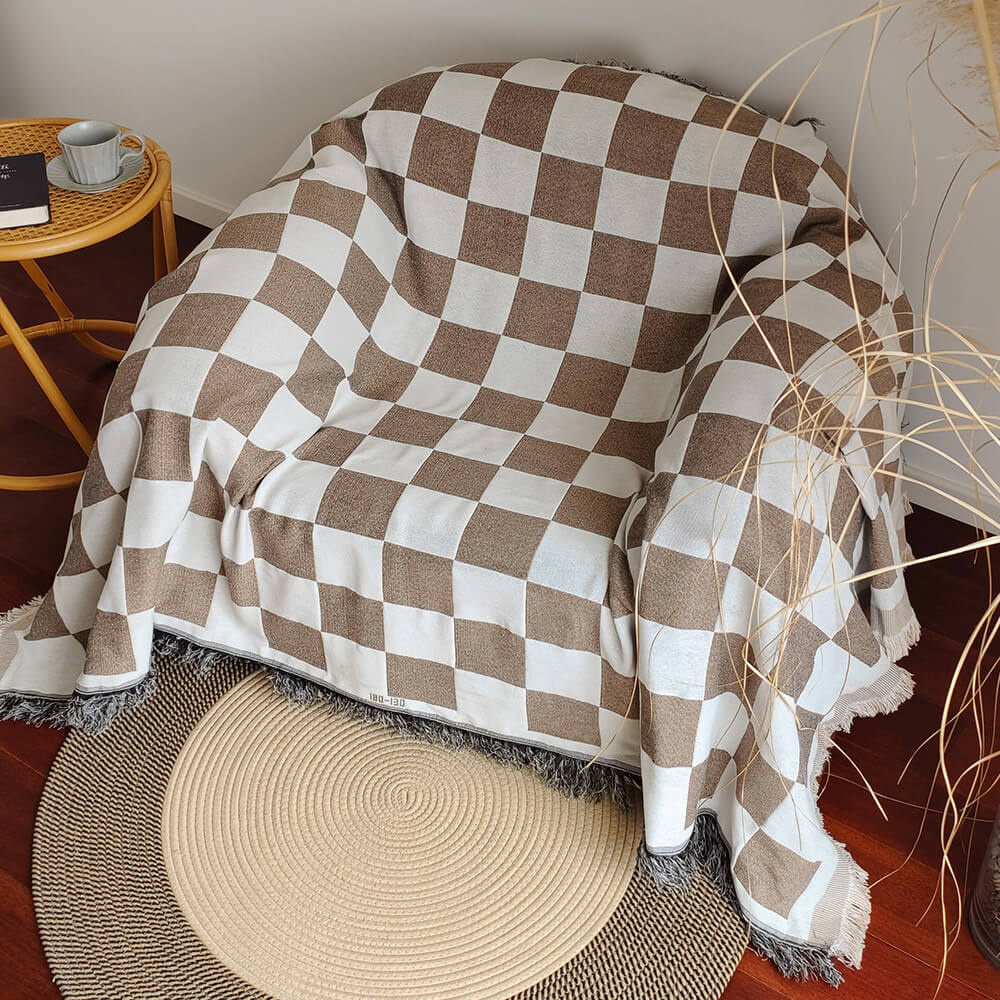 Color Block Checkerboard Fringe Trim Sofa Blanket