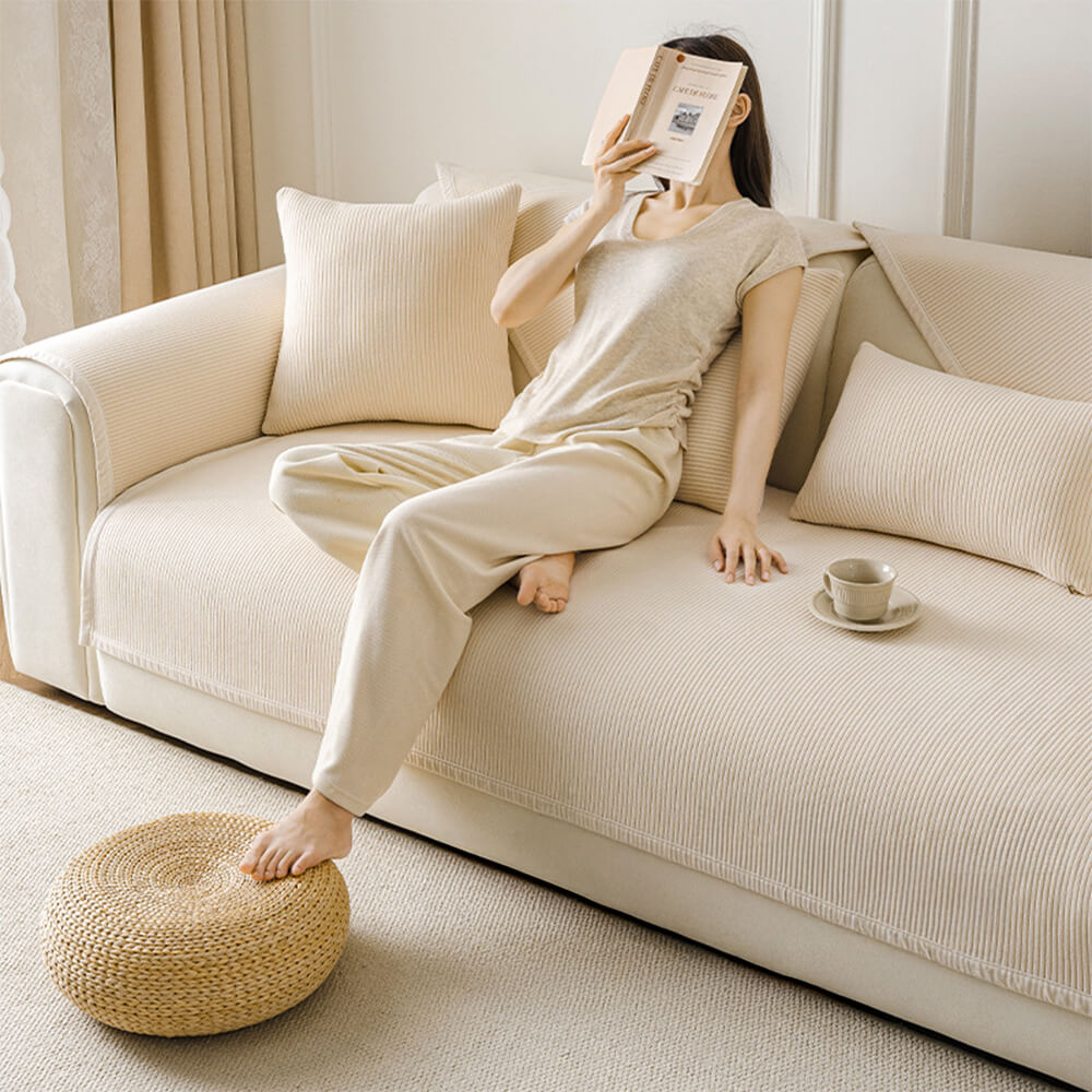 Modern Cream Vertical Stripes Fleece Couch Cover f