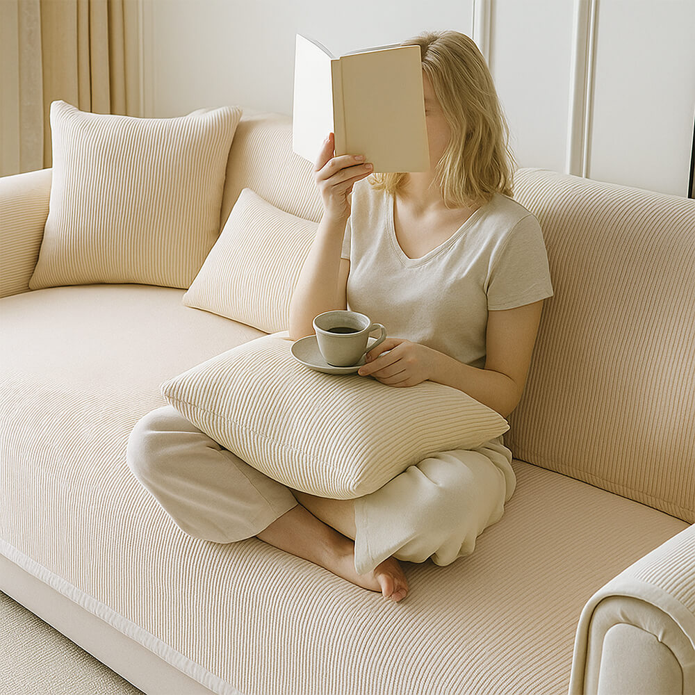 Modern Cream Vertical Stripes Fleece Couch Cover f