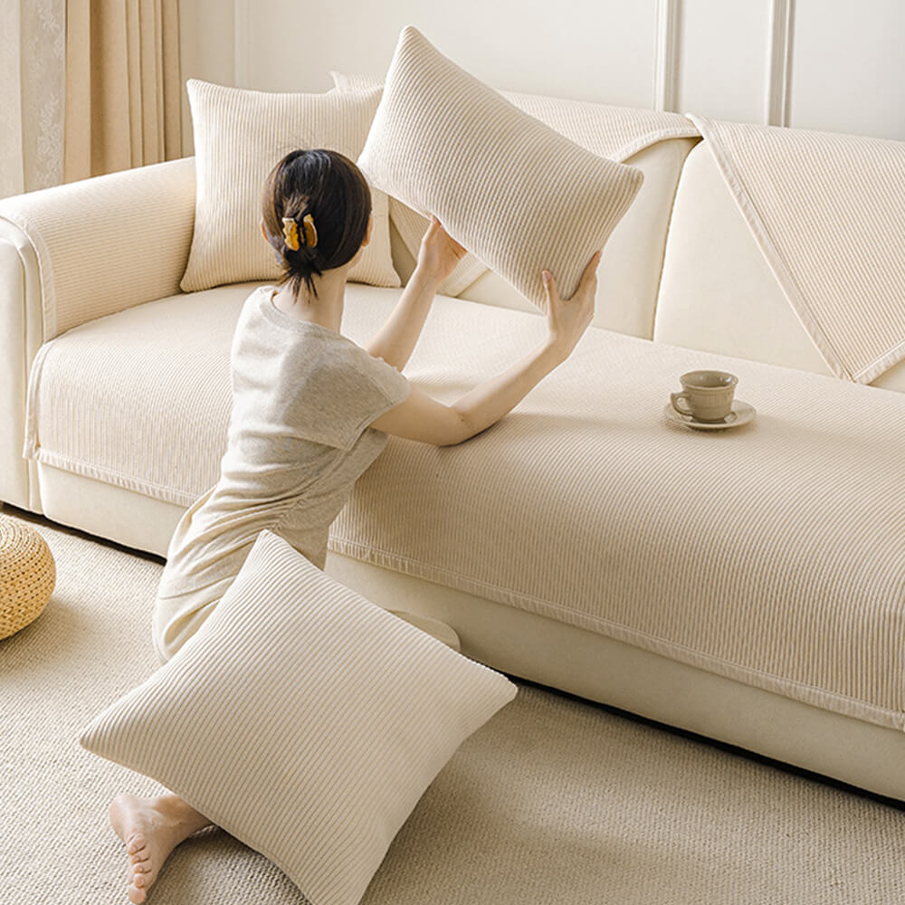 Modern Cream Vertical Stripes Fleece Couch Cover f