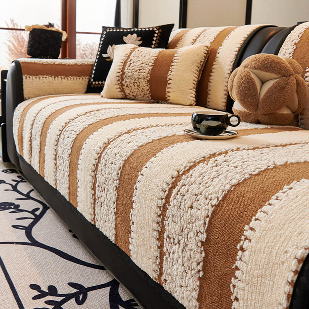 Striped Plush Chenille Thickened Cushion Protector