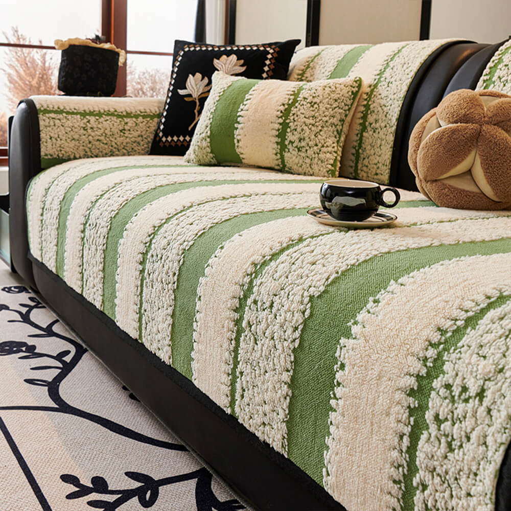 Striped Plush Chenille Thickened Cushion Protector