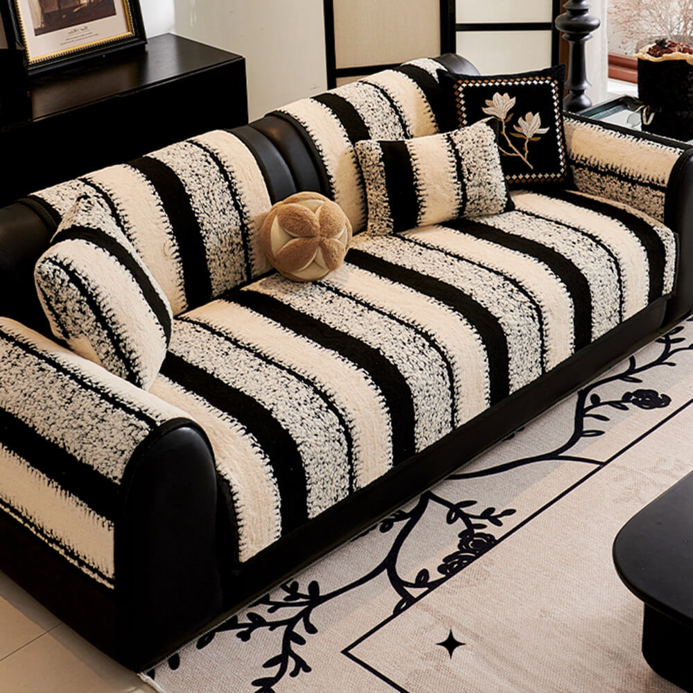 Striped Plush Chenille Thickened Cushion Protector