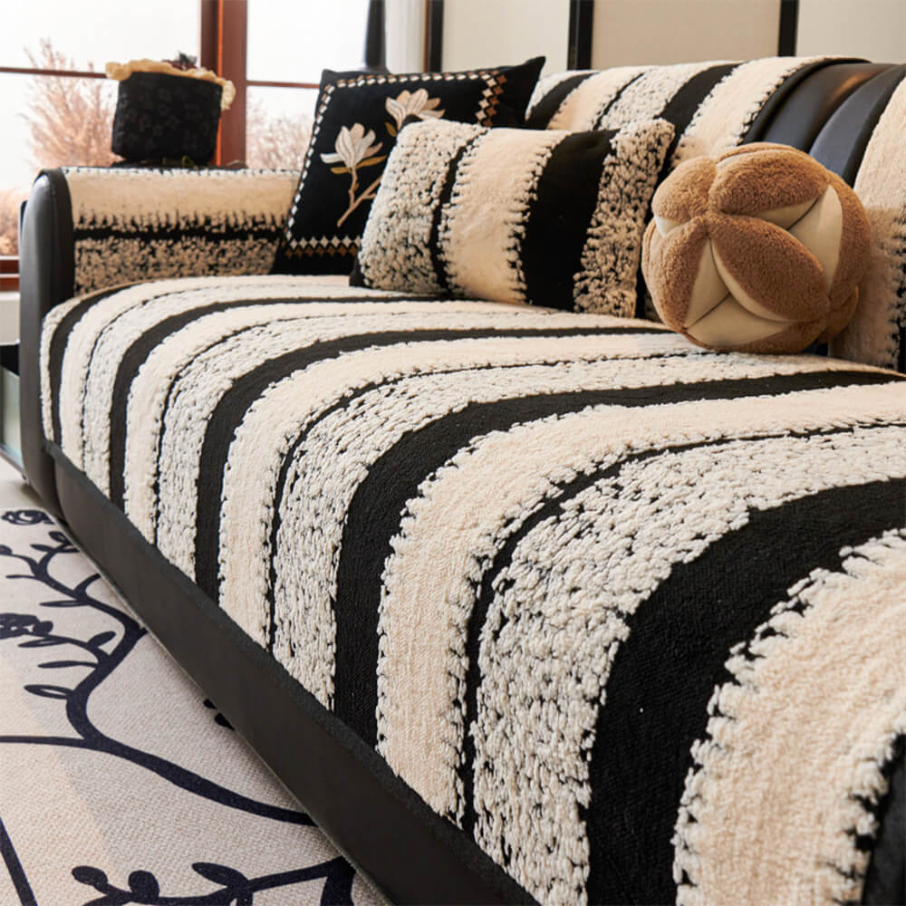 Striped Plush Chenille Thickened Cushion Protector