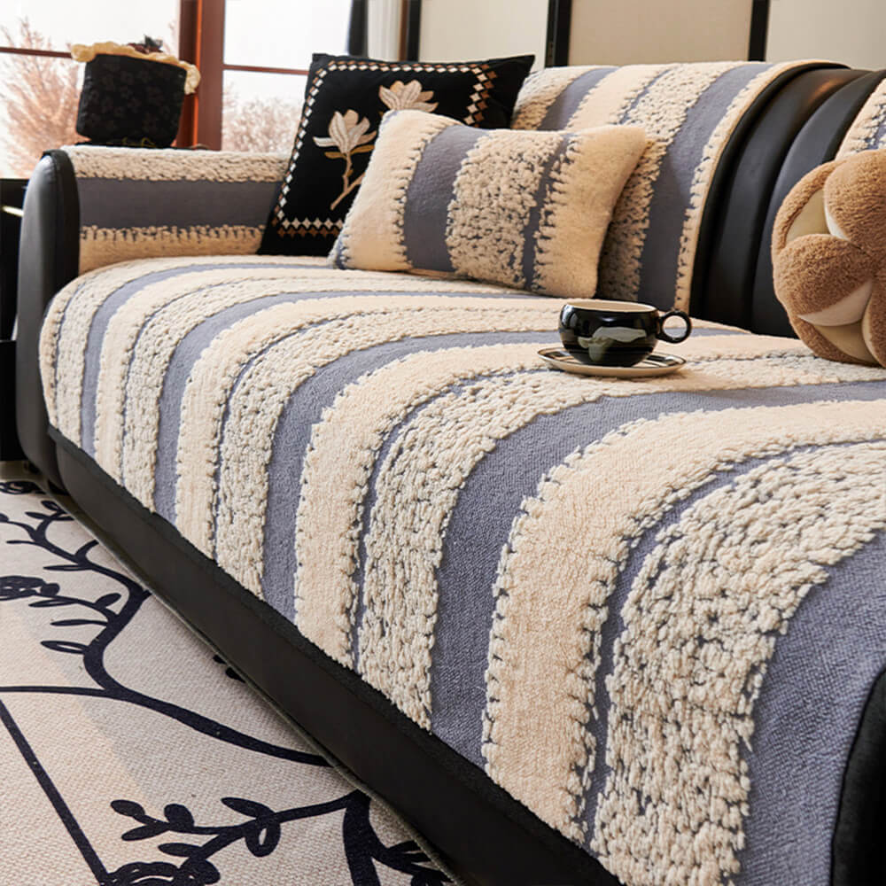 Striped Plush Chenille Thickened Cushion Protector