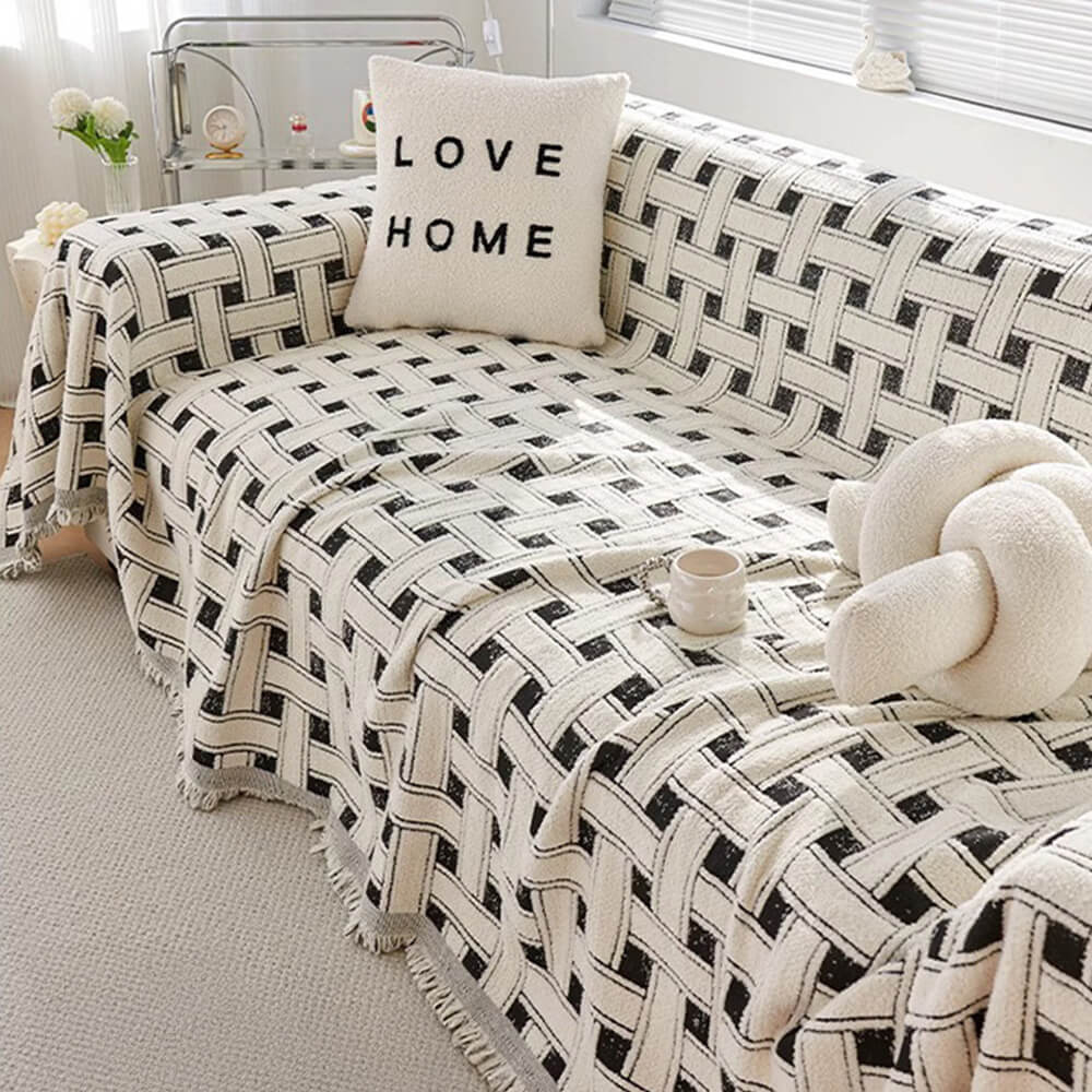 Stylish Checkered Fringed Tassel Chenille Sofa Pro