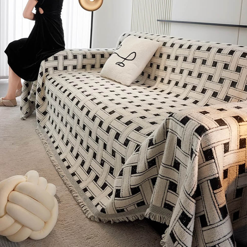 Stylish Checkered Fringed Tassel Chenille Sofa Pro