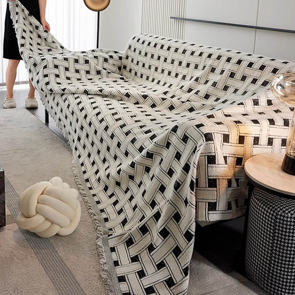 Stylish Checkered Fringed Tassel Chenille Sofa Pro