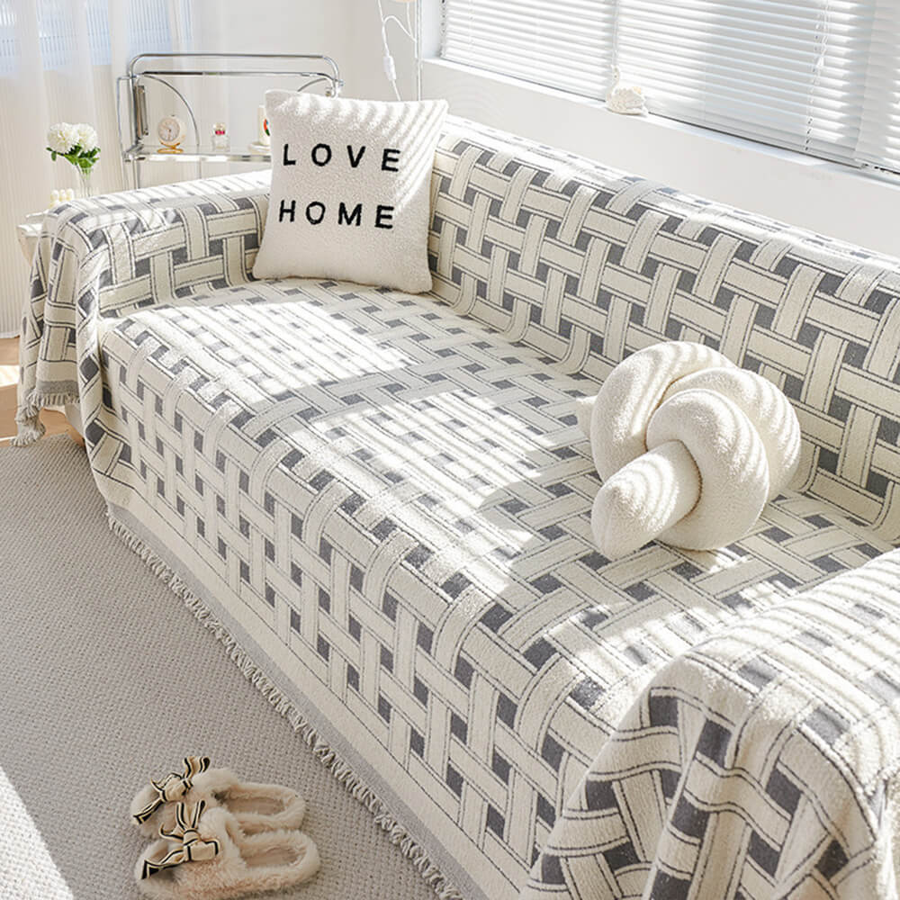Stylish Checkered Fringed Tassel Chenille Sofa Pro
