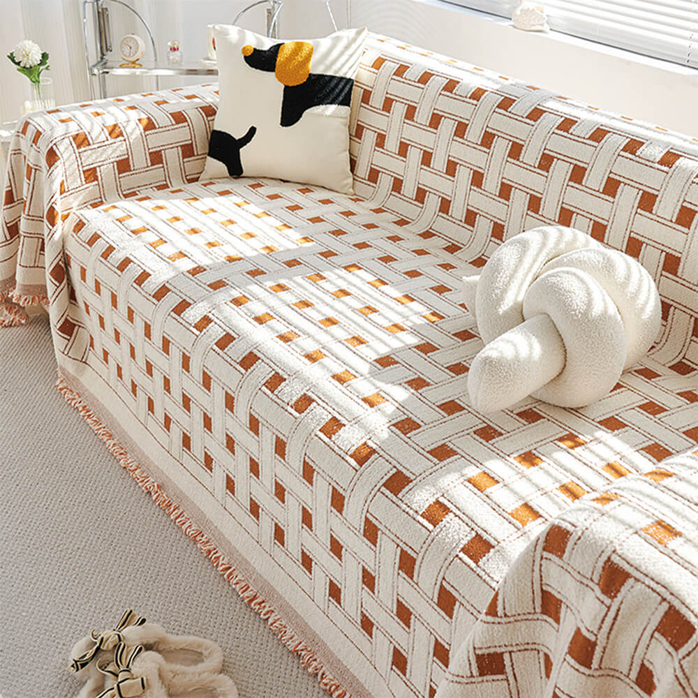 Stylish Checkered Fringed Tassel Chenille Sofa Pro