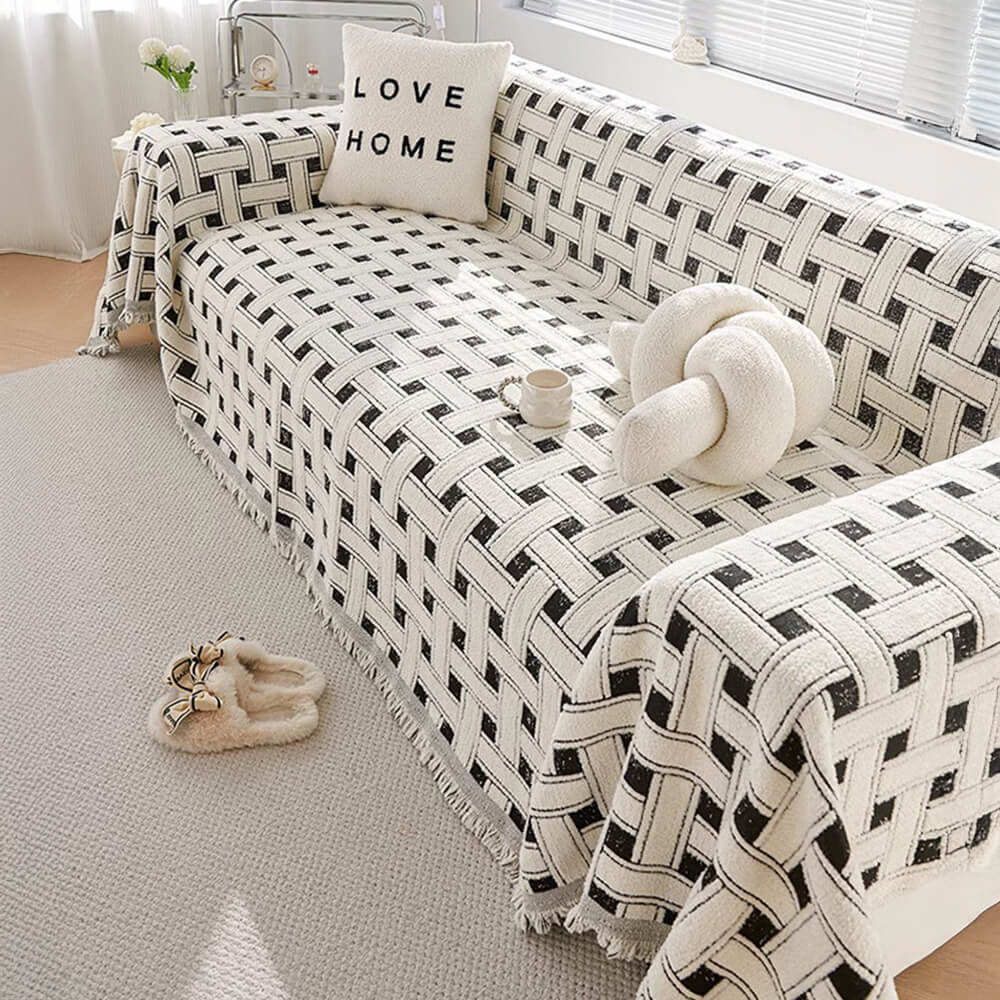 Stylish Checkered Fringed Tassel Chenille Sofa Pro