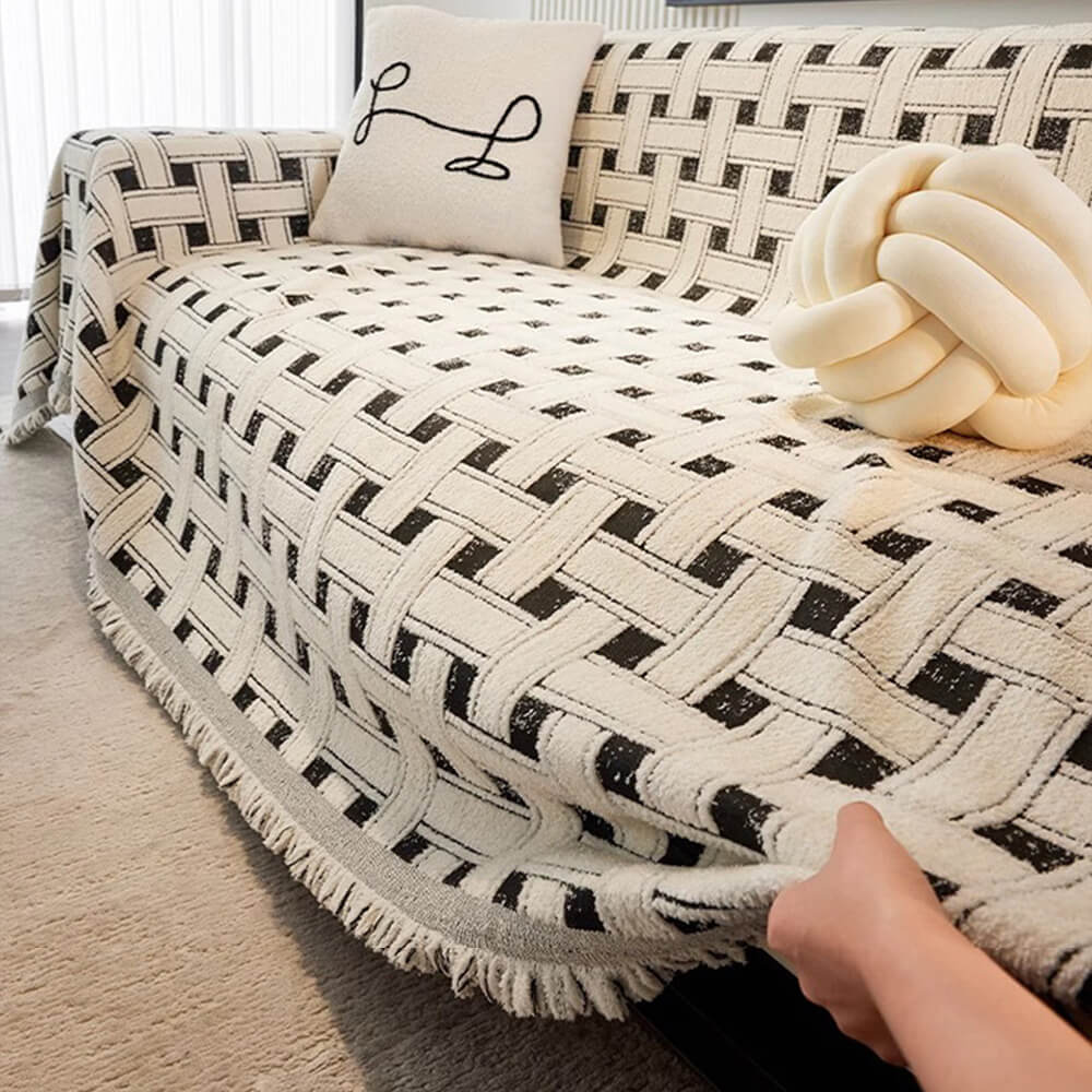 Stylish Checkered Fringed Tassel Chenille Sofa Pro