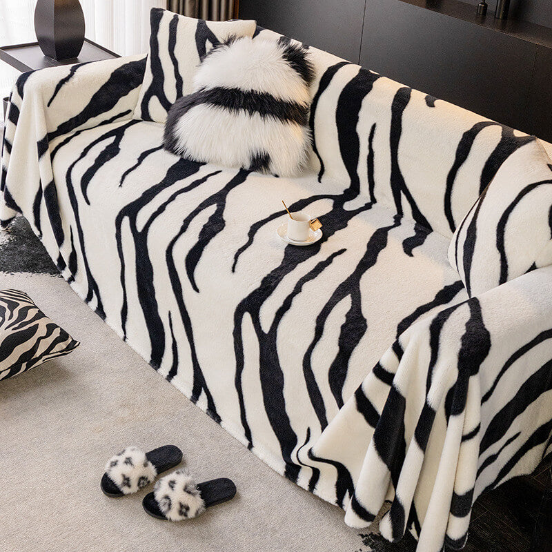 Luxurious Zebra-Print Fluffy Plush Sofa Protector