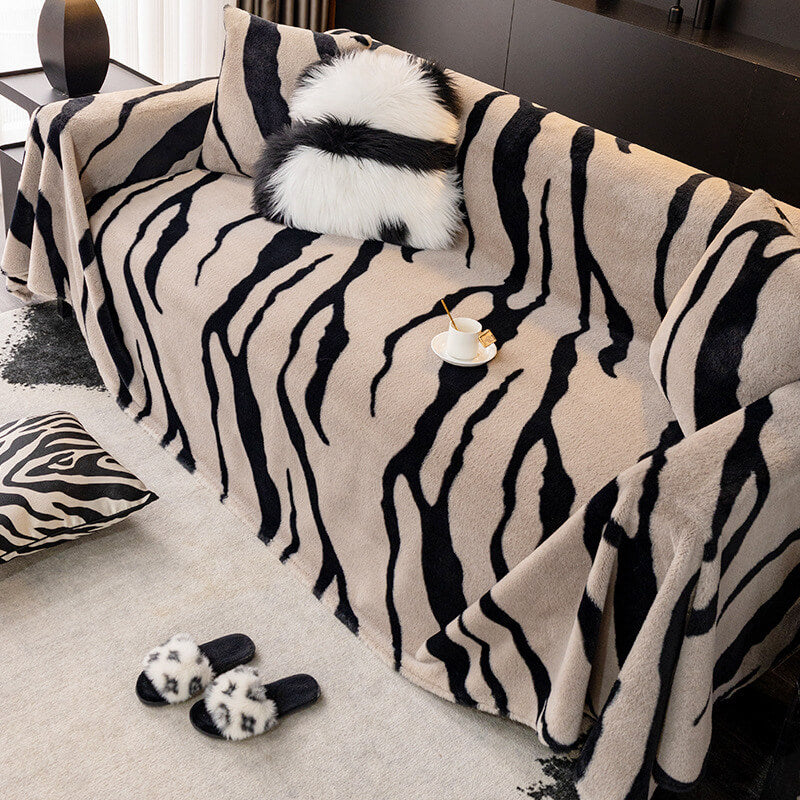 Luxurious Zebra-Print Fluffy Plush Sofa Protector