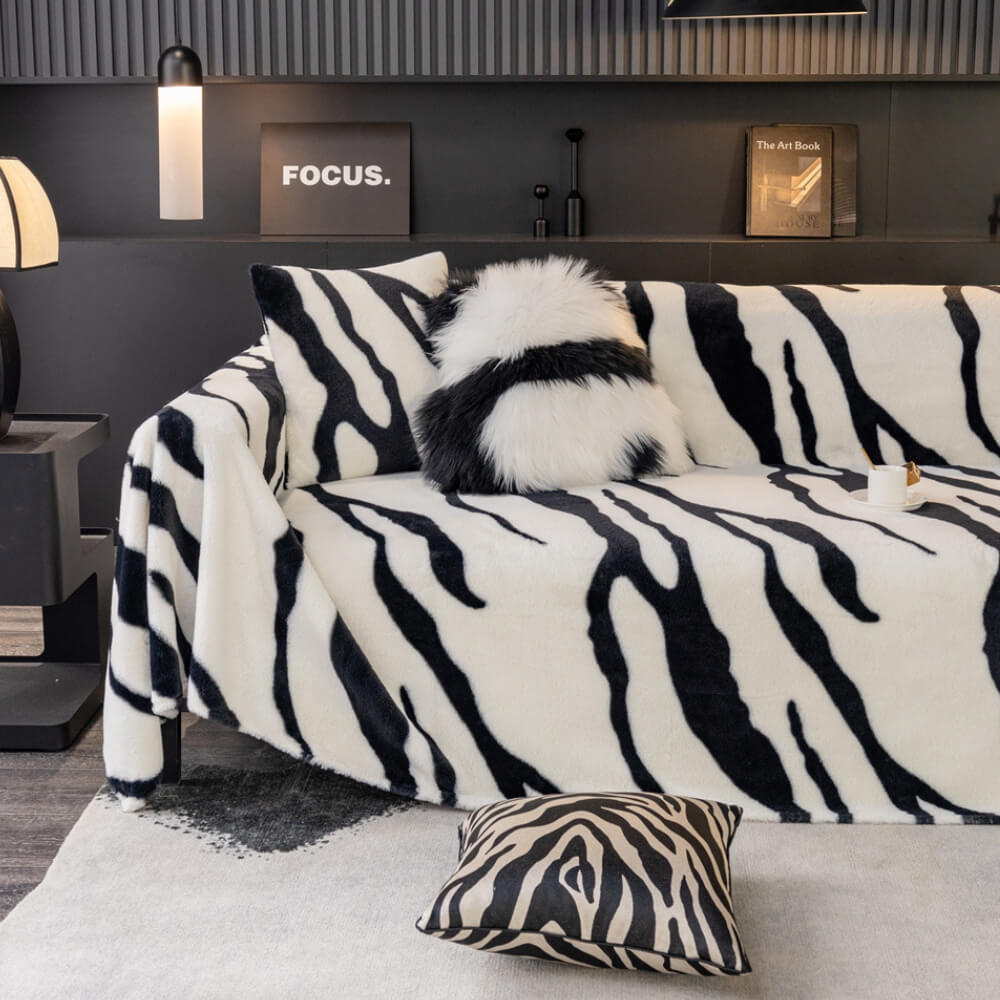 Luxurious Zebra-Print Fluffy Plush Sofa Protector