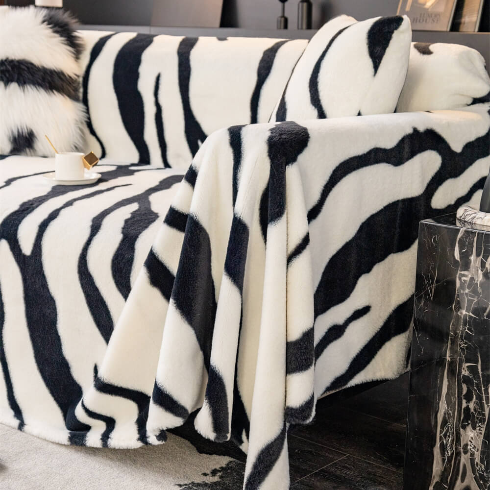 Luxurious Zebra-Print Fluffy Plush Sofa Protector