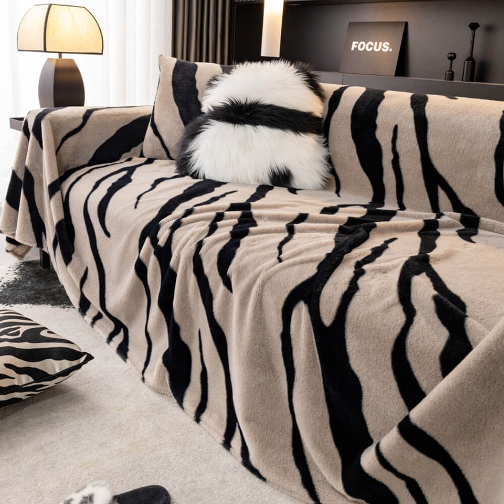 Luxurious Zebra-Print Fluffy Plush Sofa Protector