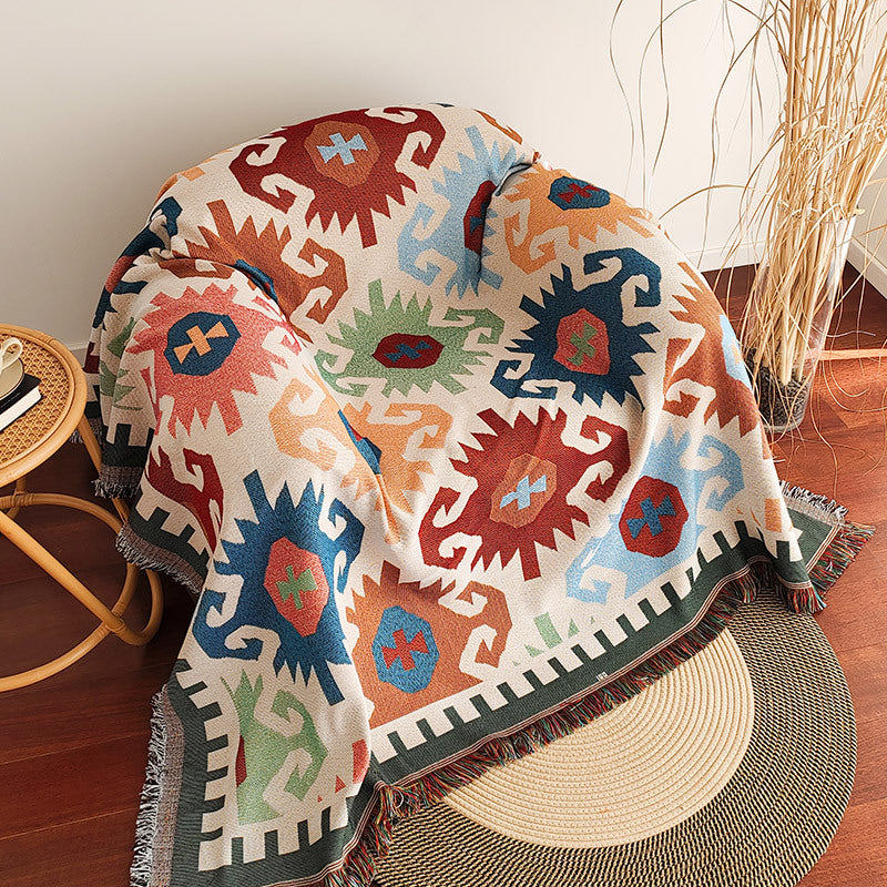 Color Block Checkerboard Fringe Trim Sofa Blanket